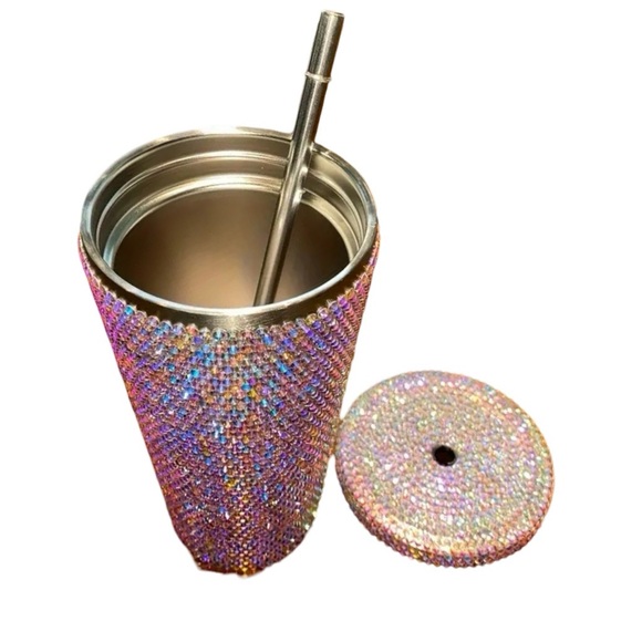 Sparkling White AB Rhinestone Tumbler with Stainless Steel Straw - Picture 5 of 6